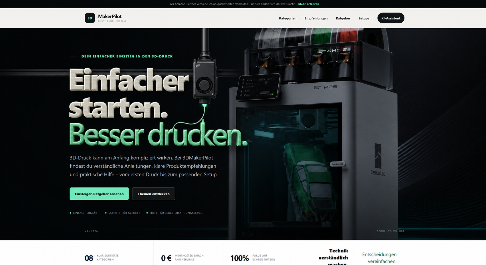 3DMakerPilot Einstieg mit Bambu Lab P2S, Filamentsystem und gedrucktem Schriftzug